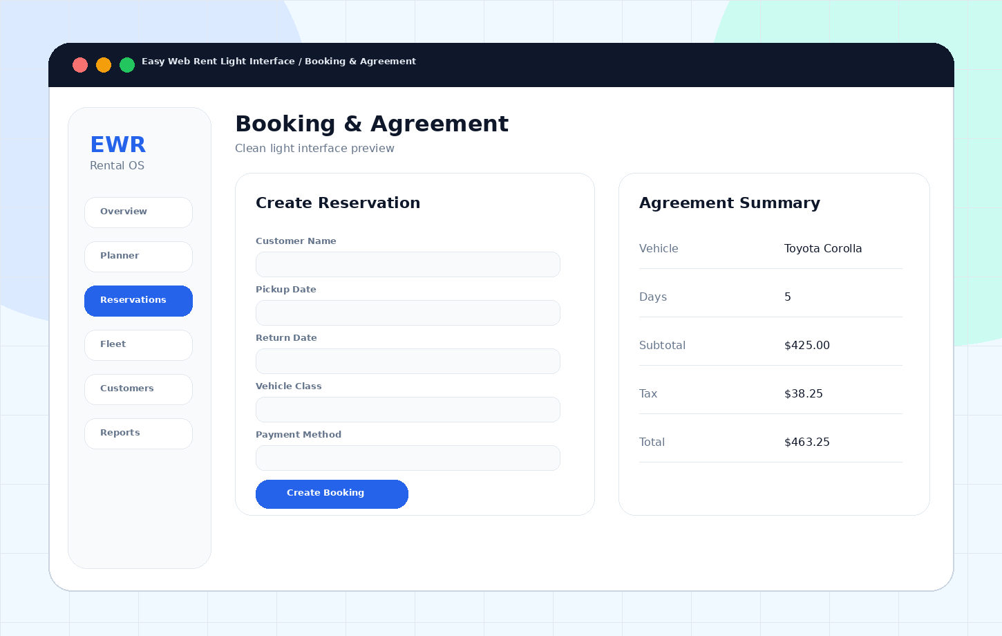 Easy Web Rent booking and rental agreement interface